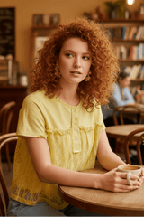 Yellow Solid Jersey With Lace Combo Ruffled Buttoned Top | Boutique In USA, Tops, $ 55.00, A Moment Of Now™