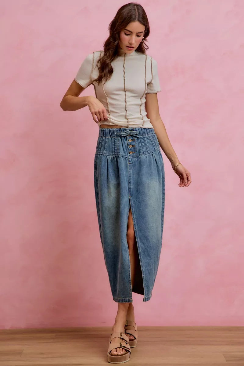 SO ME Pleated Washed Denim Skirt With Front Slit | Boutique In USA, Skirts, $ 69.00, A Moment Of Now™