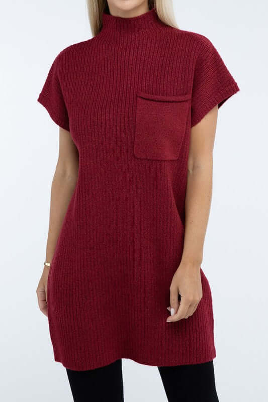 Women's Mock Neck Short Sleeve Mini Sweater Dress with Pocket, ZENANA, $ 55.00