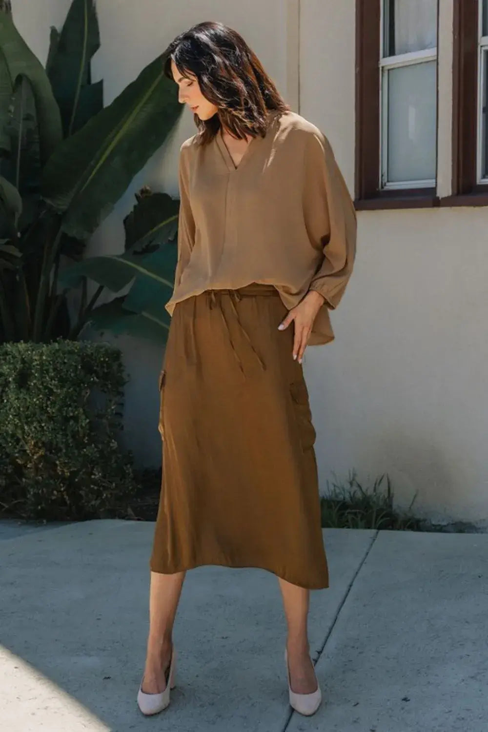 Camel Brown Notched Batwing Sleeve Blouse - Elegant Style, Blouses, $ 45.00, A Moment Of Now™