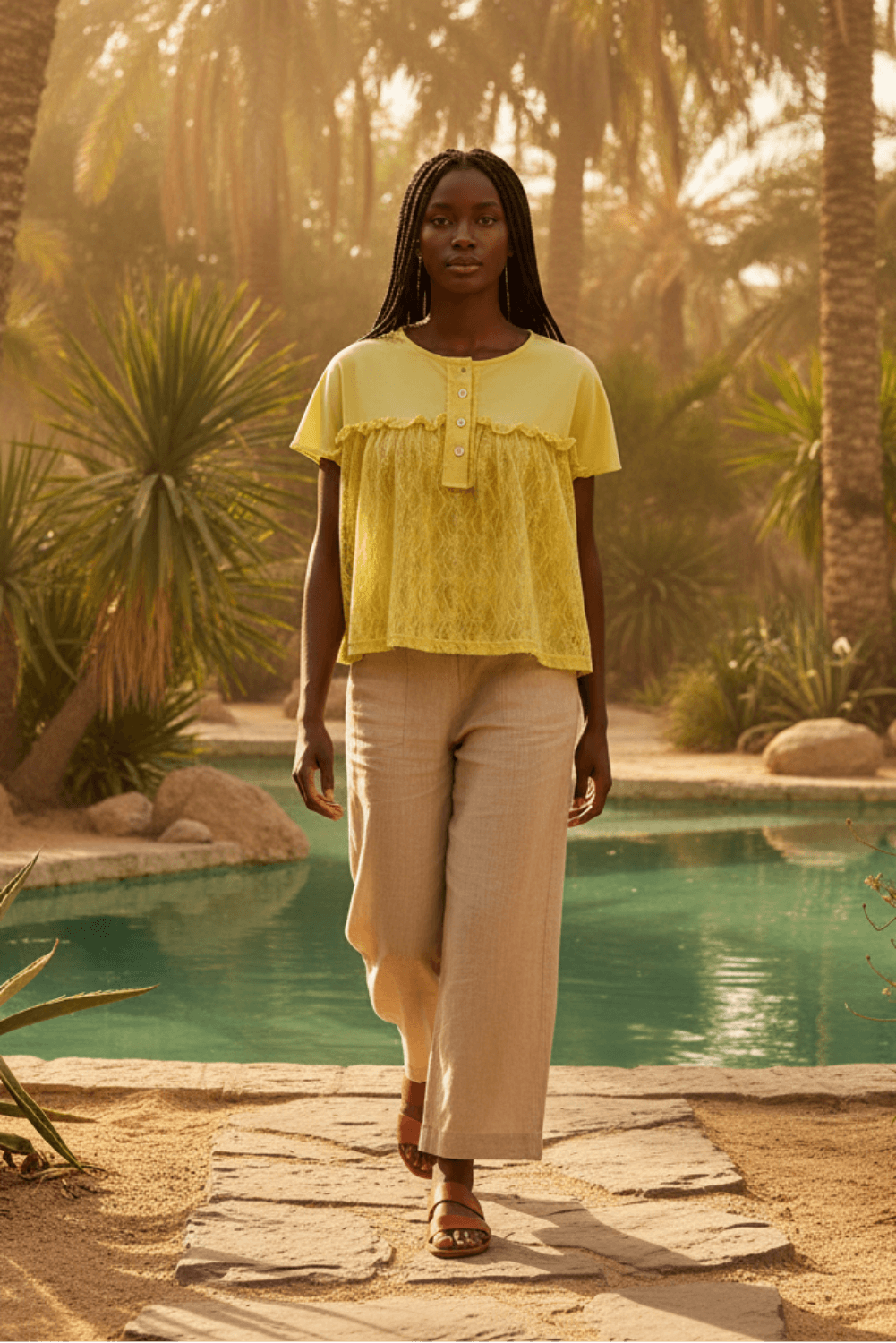 Yellow Solid Jersey With Lace Combo Ruffled Buttoned Top | Boutique In USA, Tops, $ 55.00, A Moment Of Now™
