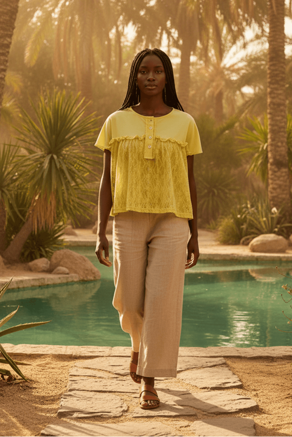 Yellow Solid Jersey With Lace Combo Ruffled Buttoned Top | Boutique In USA, Tops, $ 55.00, A Moment Of Now™