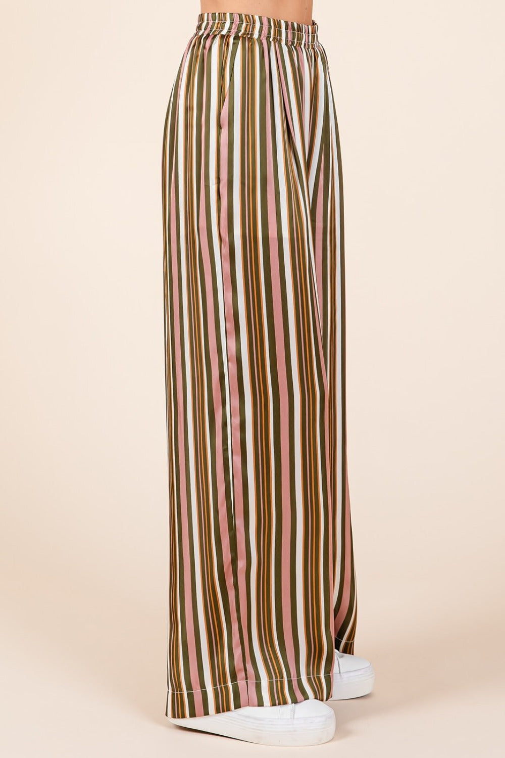 Mauve Brown Striped Satin Elastic Waist Wide Leg Pants