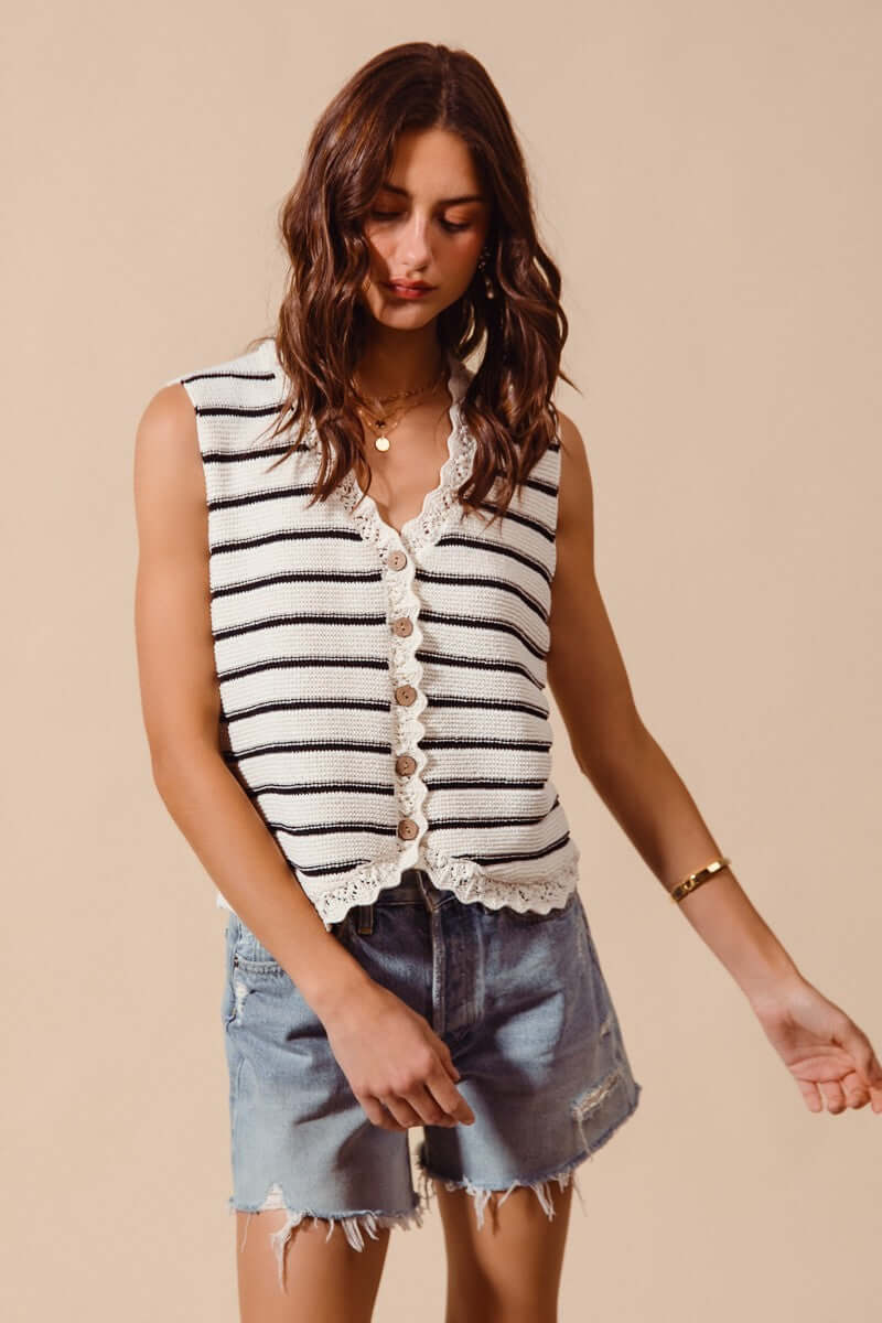 SO ME Buttoned Front Stripe Texture Knitted Sweater Vest, , $ 52.00, A Moment Of Now™
