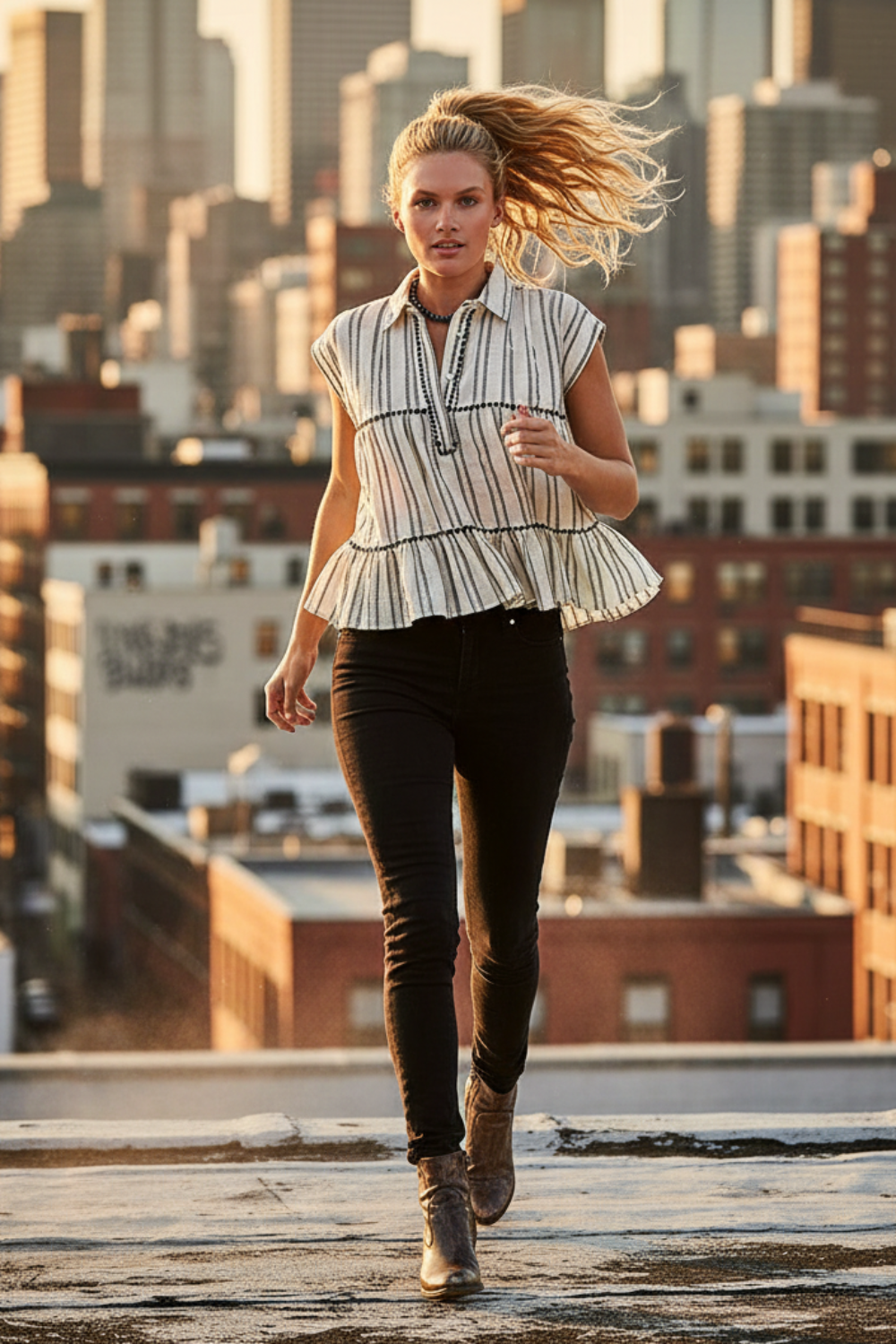 Grey Striped Ruffle Collared Sleeveless Cotton Top