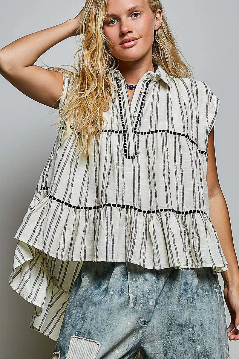 Striped Ruffle Collared Sleeveless Cotton Top | Boutique In USA, Blouses, $ 55.00, A Moment Of Now™