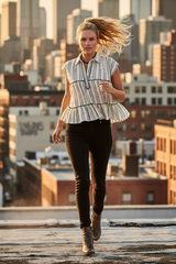 Grey Striped Ruffle Collared Sleeveless Cotton Top