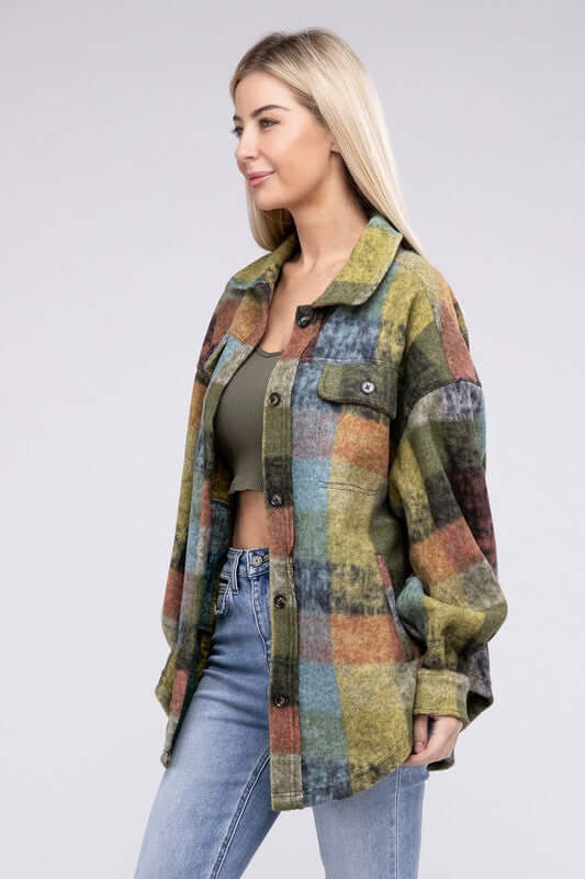 Women's Loose Fit Buttoned Down Check Shirt Jacket Plaid Shacket, BiBi, $ 55.00