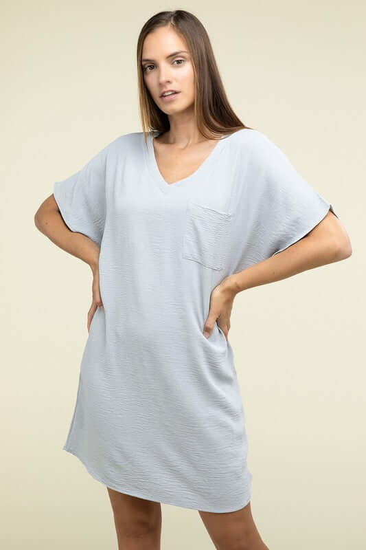 Causal Woven Airflow V Neck T-Shirt Dress with Pockets, ZENANA, A Moment Of Now