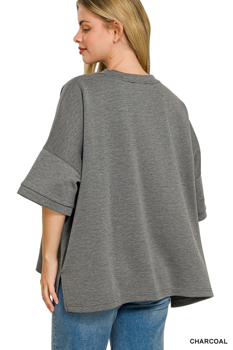 Charcoal Scuba Round Neck Top with Side Slits | Plus Size | Zenana, Tops, $ 28.00, A Moment Of Now™