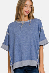 Navy Blue Contrast Trim Drop Shoulder T-Shirt Top, Zenana, $ 27.00