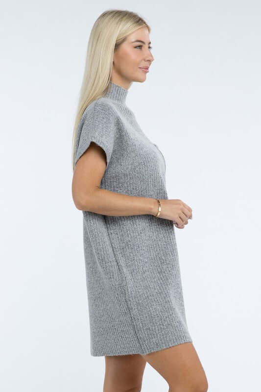 Women's Mock Neck Short Sleeve Mini Sweater Dress with Pocket, ZENANA, $ 55.00