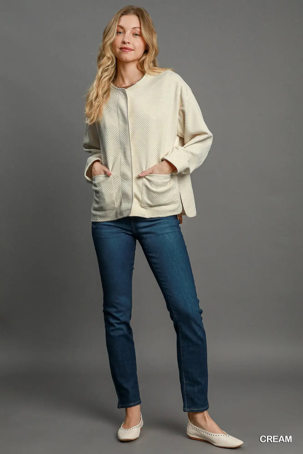 Cream White Textured Jacquard Jacket - Elegant Style, Jackets, $ 59.00, A Moment Of Now™