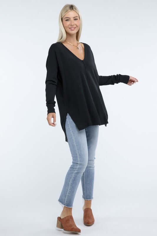 Women's Hi-Low Hem V Neck Front Seam Sweater | USA Boutique, ZENANA, $ 55.00