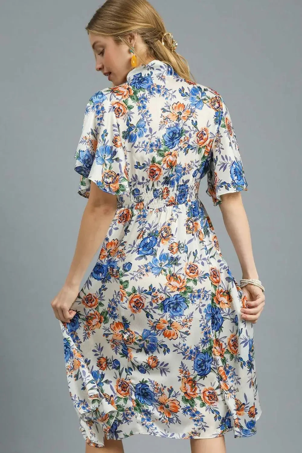 Royal Blue Floral Print Flutter Sleeve Dress - Chic Midi Style, Dresses, $ 65.00, A Moment Of Now™