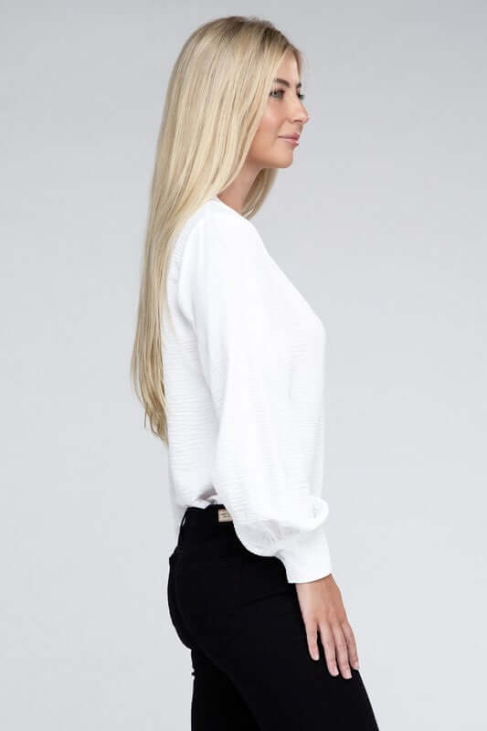 Woven Airflow V-Neck Long Sleeve Top, ZENANA, $ 26.95