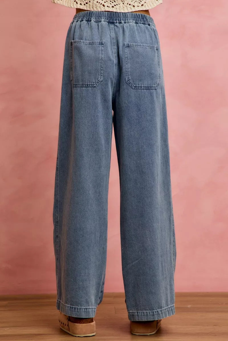 Mid Rise Ruffled Front Elastic Wide Leg Jeans | Boutique In USA, Jeans, $ 59.00, A Moment Of Now™