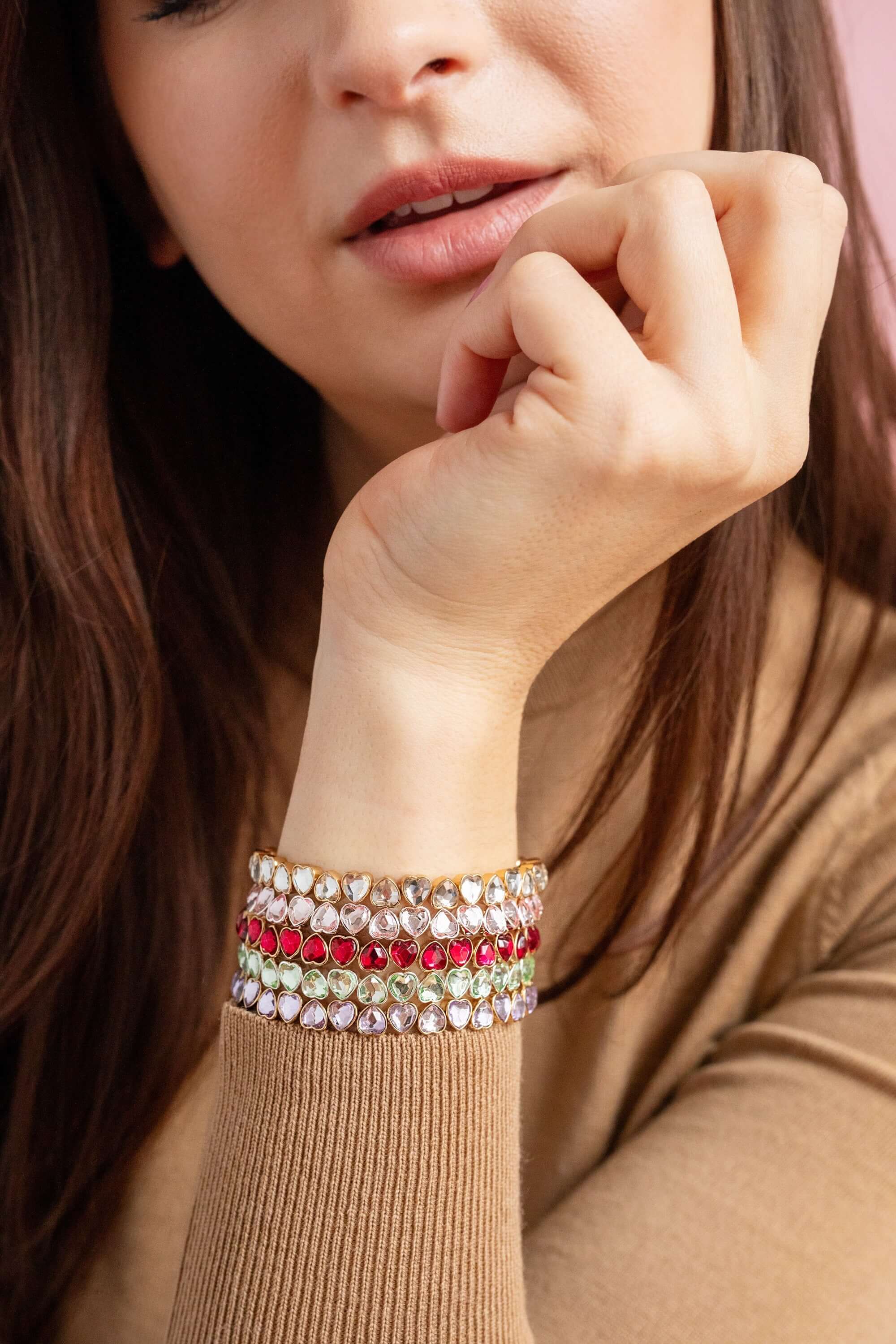 Pink Crystal Heart Stretch Bracelet, Bracelets, $ 19.90, A Moment Of Now™