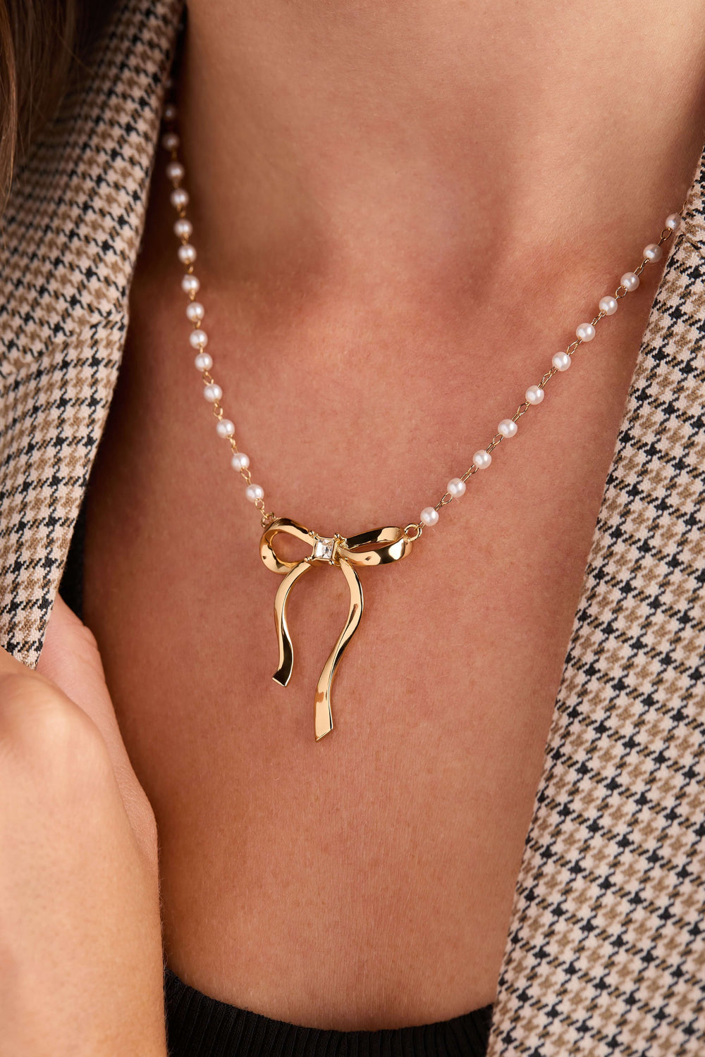 Bow Pearl Coquette Necklace, Necklaces, $ 48.00, A Moment Of Now™