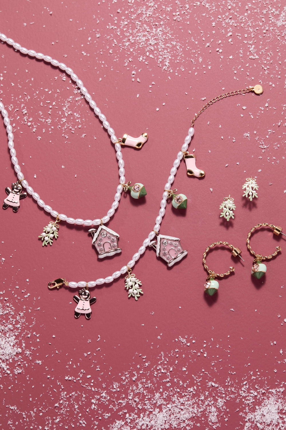 Pink Christmas Beaded Charm Necklace, Necklaces, $ 68.00, A Moment Of Now™