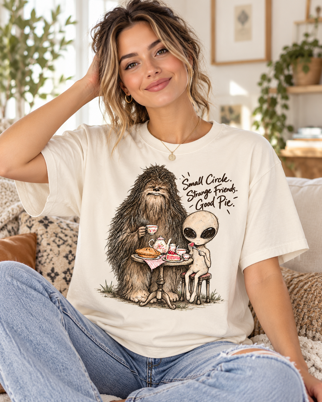 Bigfoot & Alien Tea Party T-Shirt | Small Circle, Strange Friends, Good Pie