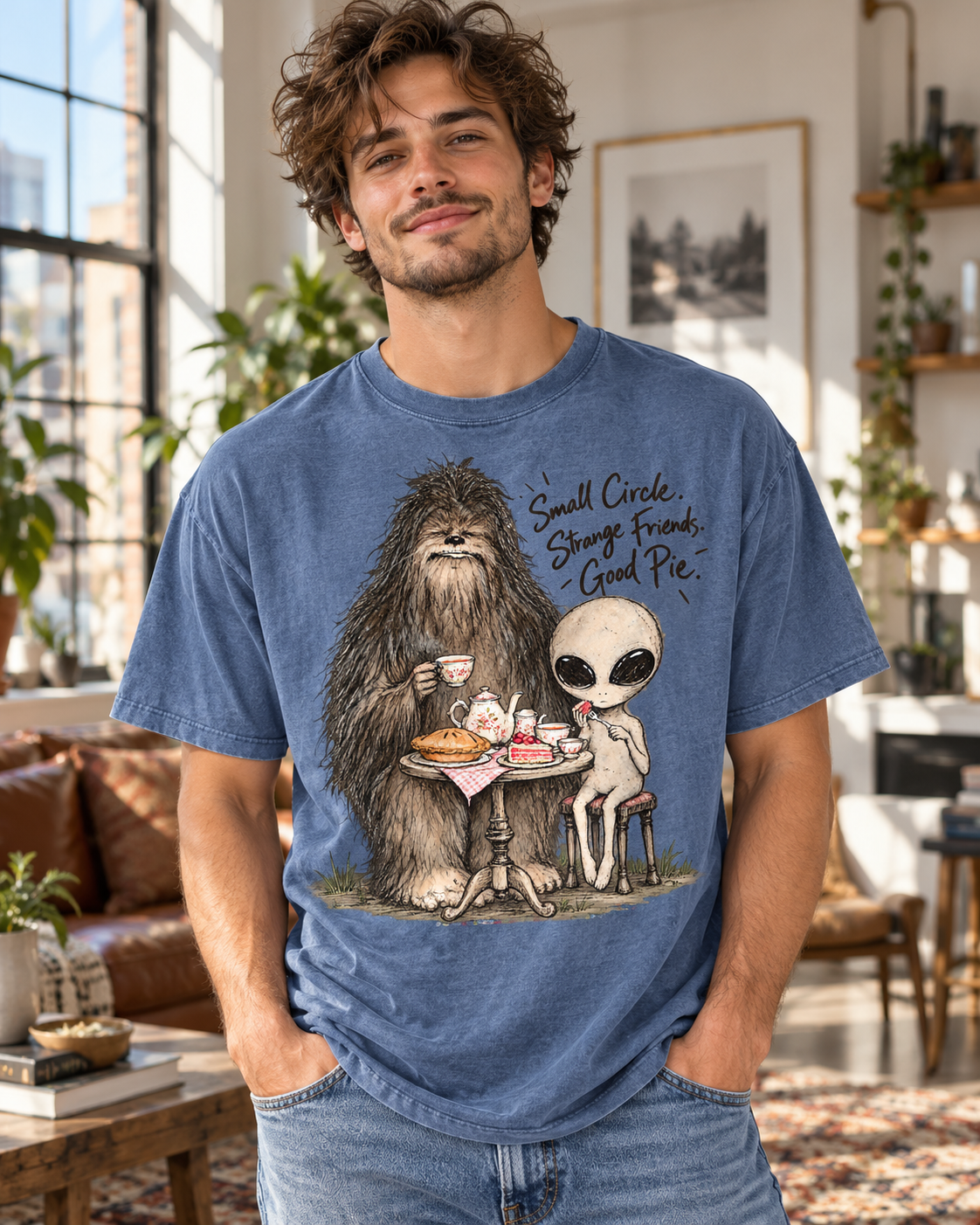 Bigfoot & Alien Tea Party T-Shirt | Small Circle, Strange Friends, Good Pie
