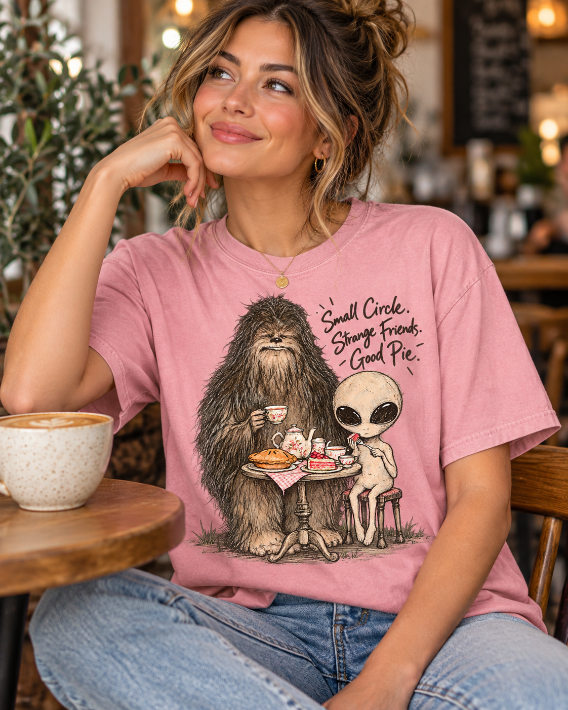 Bigfoot & Alien Tea Party T-Shirt | Small Circle, Strange Friends, Good Pie