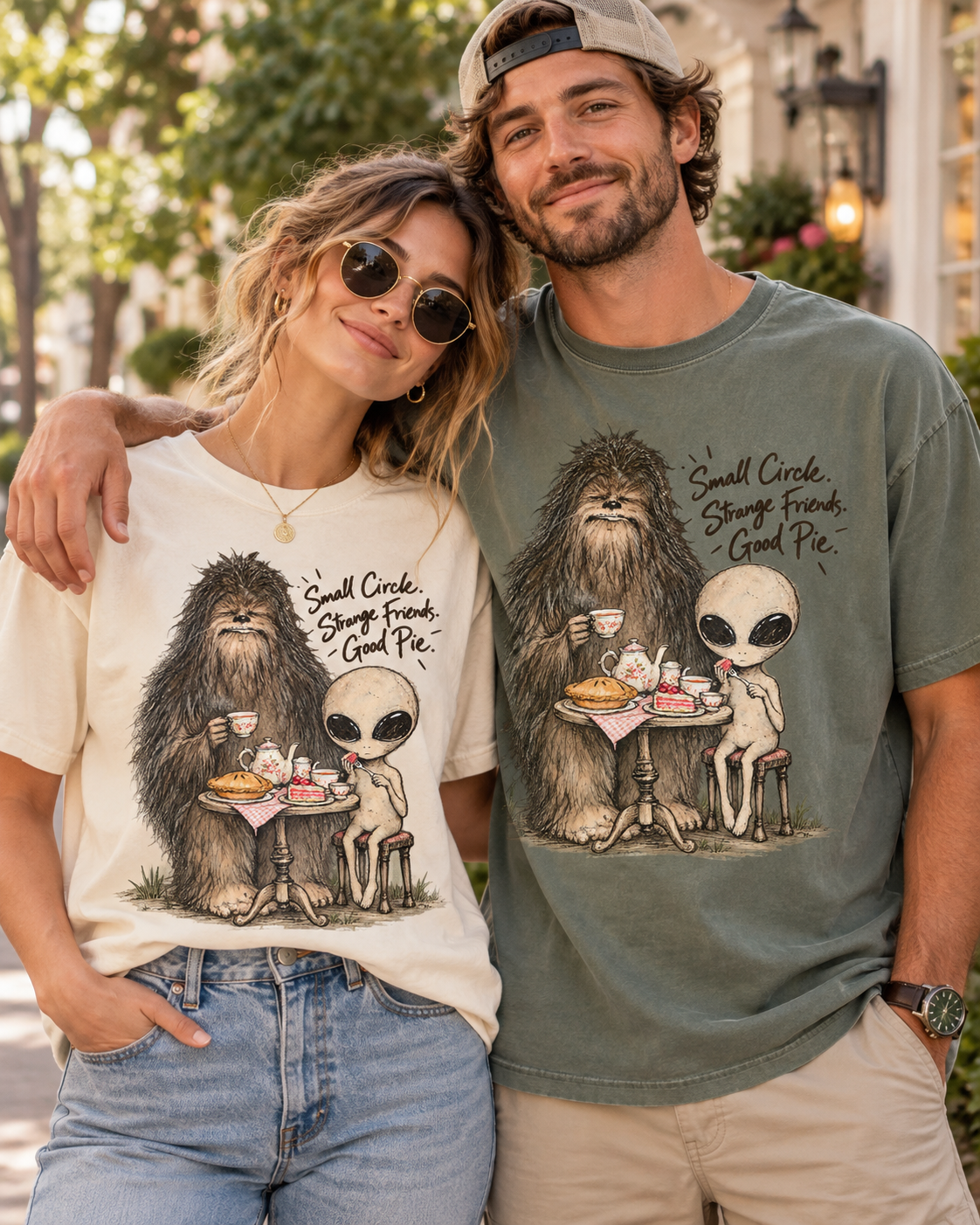 Bigfoot & Alien Tea Party T-Shirt | Small Circle, Strange Friends, Good Pie