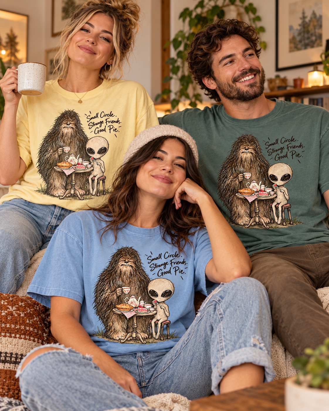 Bigfoot & Alien Tea Party T-Shirt | Small Circle, Strange Friends, Good Pie