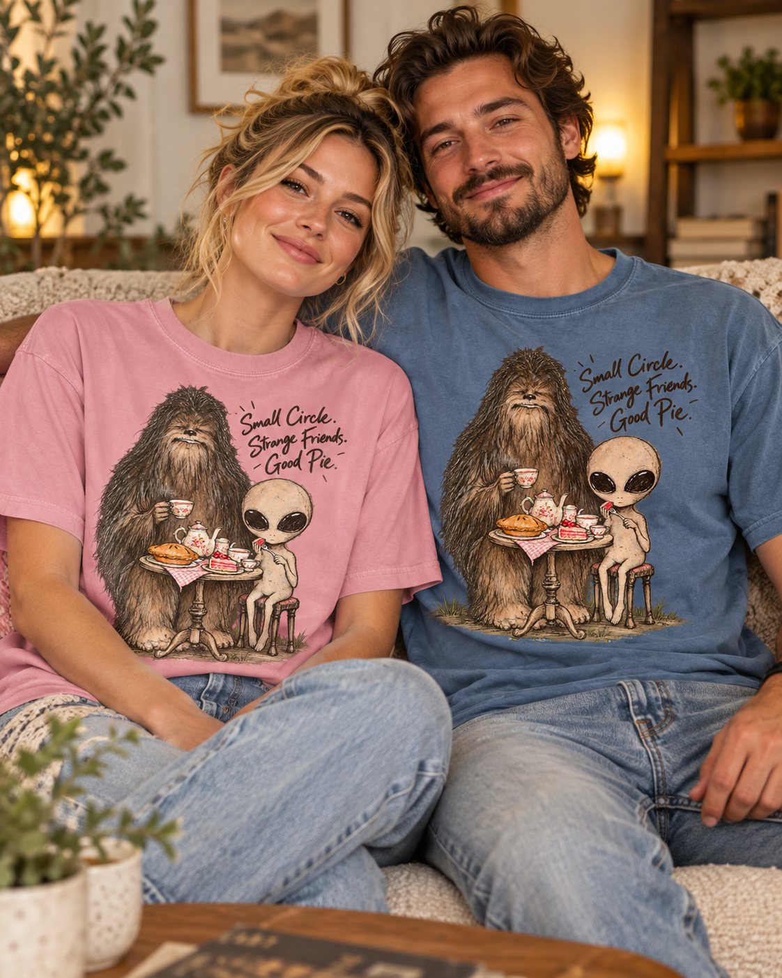 Bigfoot & Alien Tea Party T-Shirt | Small Circle, Strange Friends, Good Pie