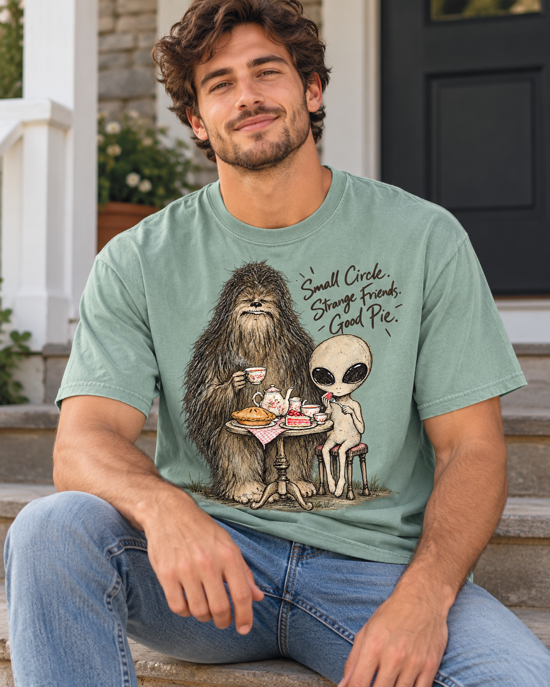 Bigfoot & Alien Tea Party T-Shirt | Small Circle, Strange Friends, Good Pie