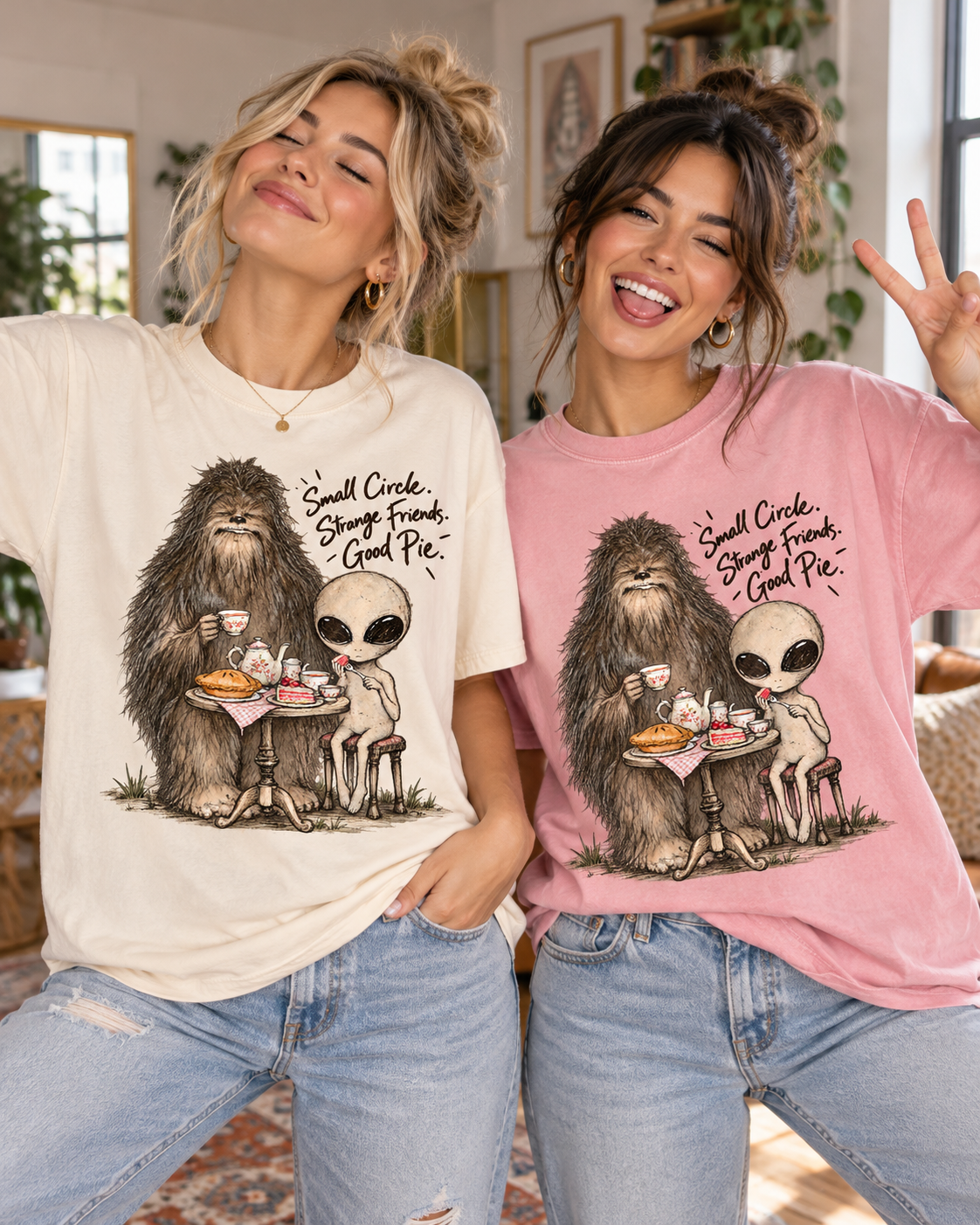 Bigfoot & Alien Tea Party T-Shirt | Small Circle, Strange Friends, Good Pie