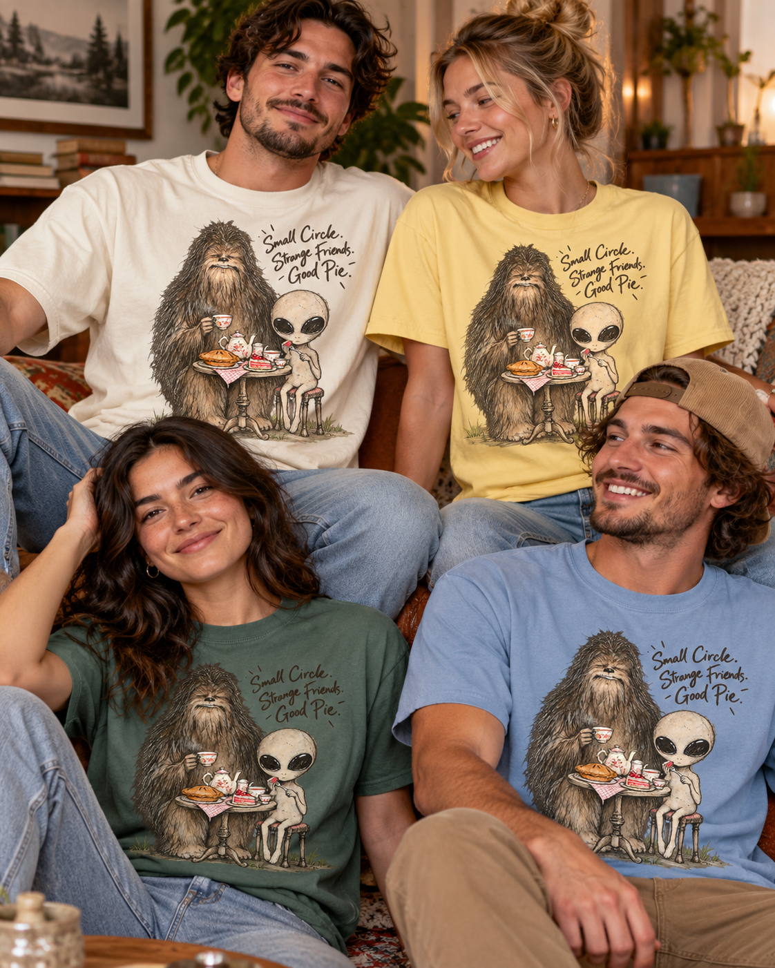 Bigfoot & Alien Tea Party T-Shirt | Small Circle, Strange Friends, Good Pie