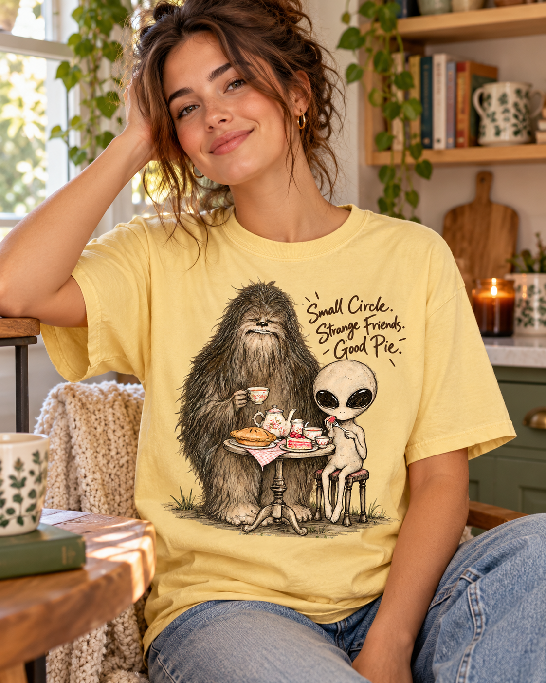 Bigfoot & Alien Tea Party T-Shirt | Small Circle, Strange Friends, Good Pie