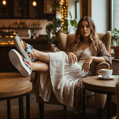 Colorful sneakers with abstract patterns worn by a person against a gray background