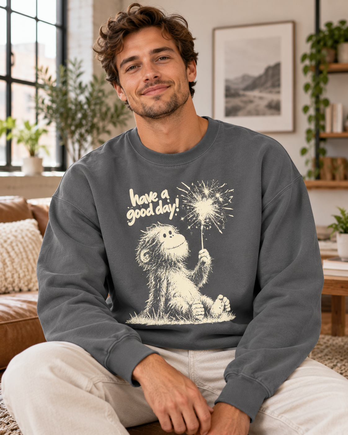 Cute cryptid sweatshirt featuring Baby Bigfoot holding a sparkler