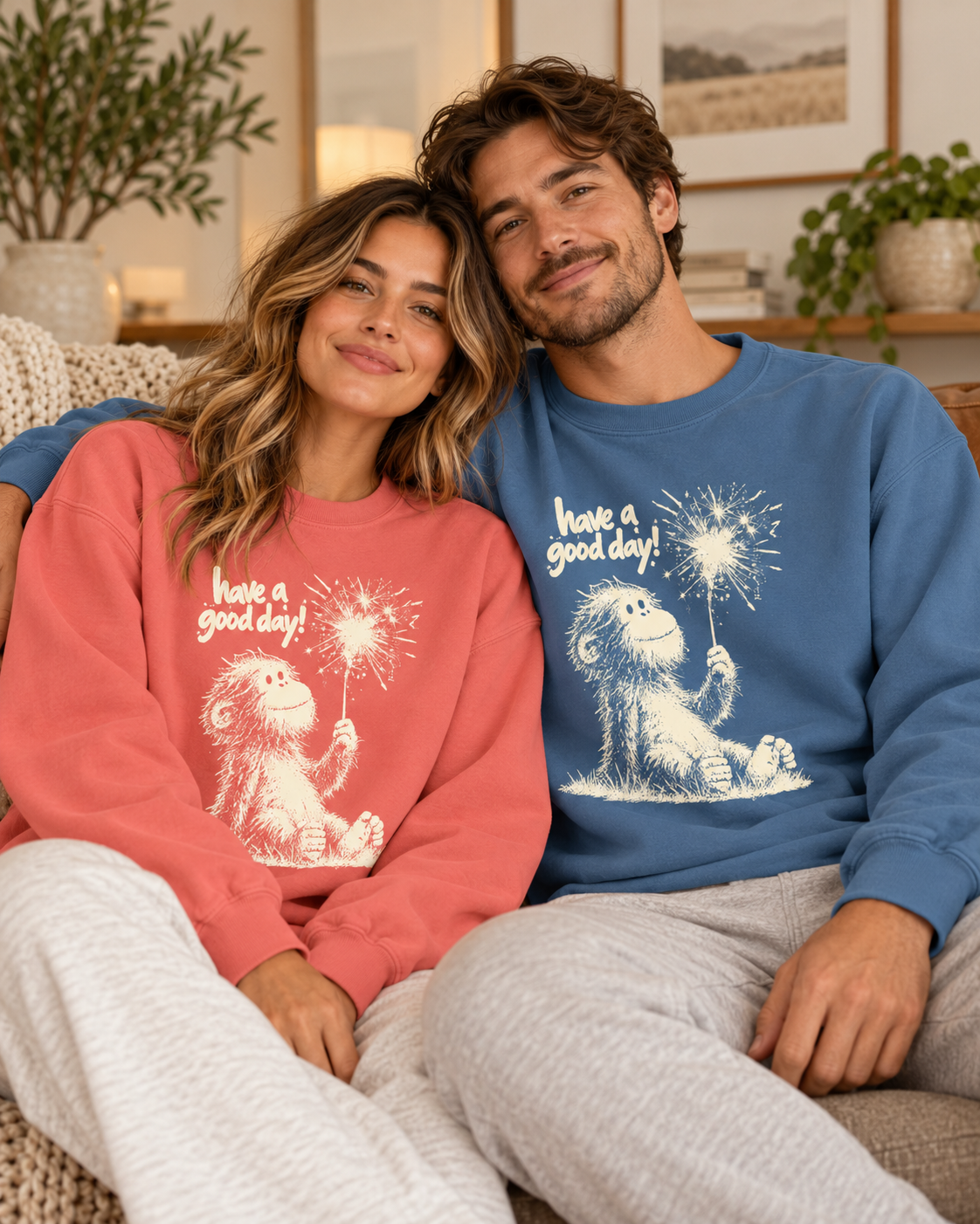 Have a Good Day Baby Bigfoot crewneck styled in a casual home setting