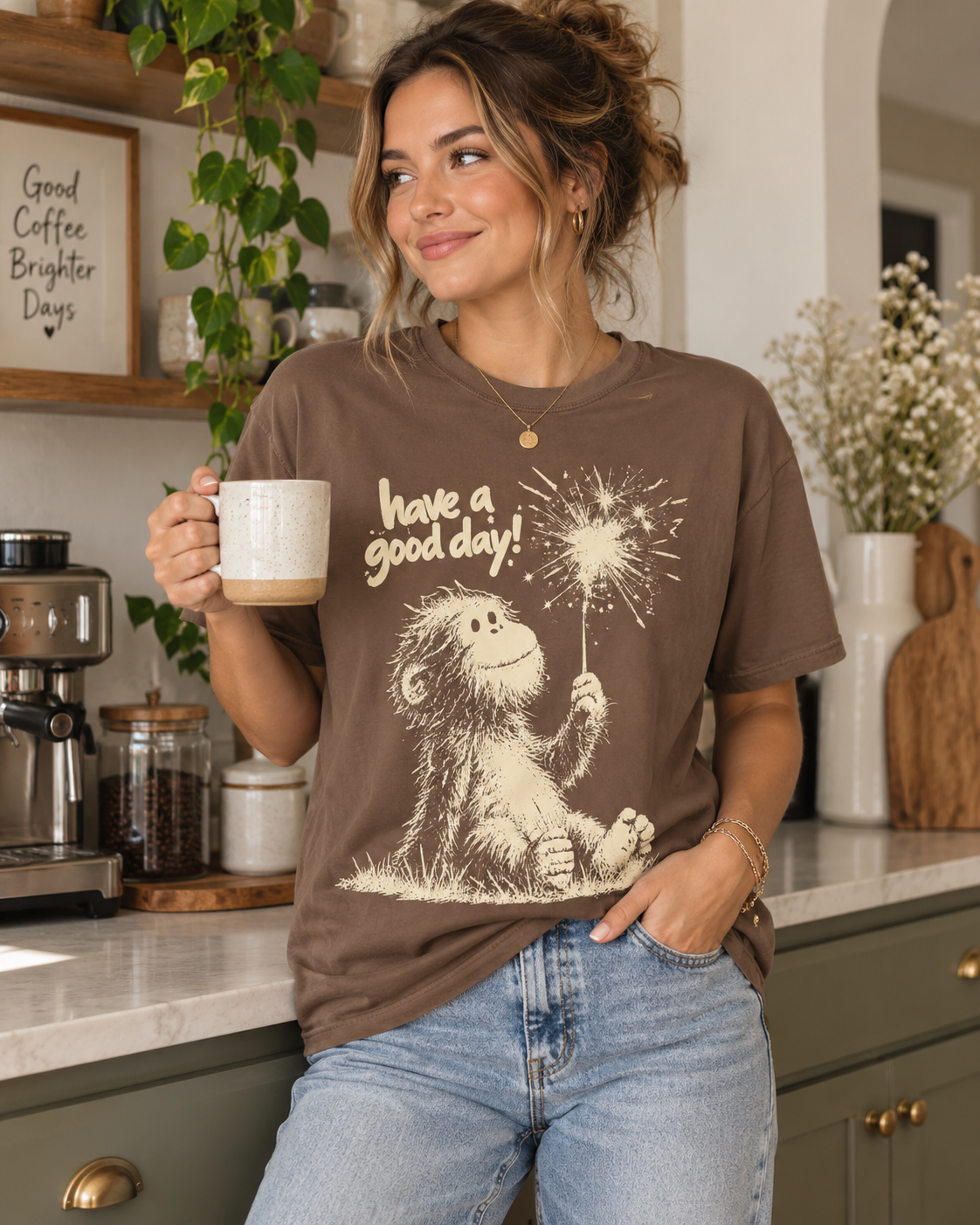 Baby Bigfoot Wishes You a Good Day graphic tee lifestyle photo