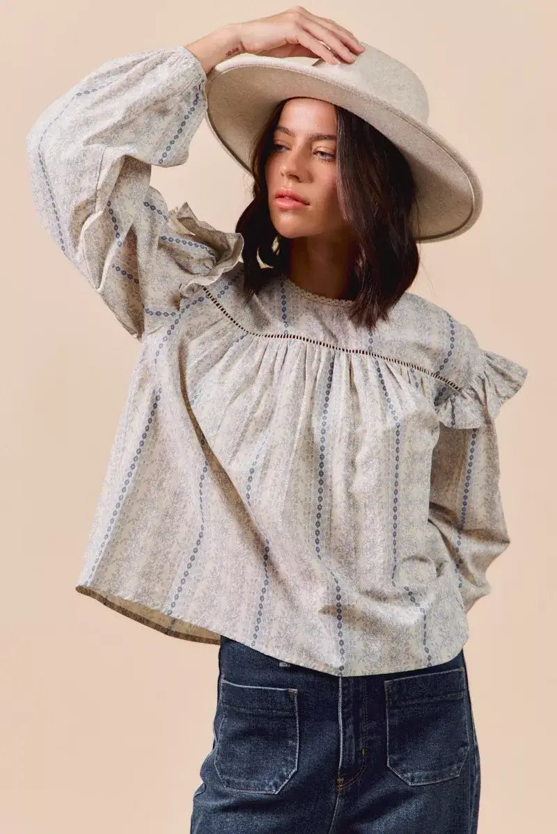 Beige Blue Floral Cotton Print Ruffled Long Sleeve Blouse, Blouses, $ 50.00, A Moment Of Now™