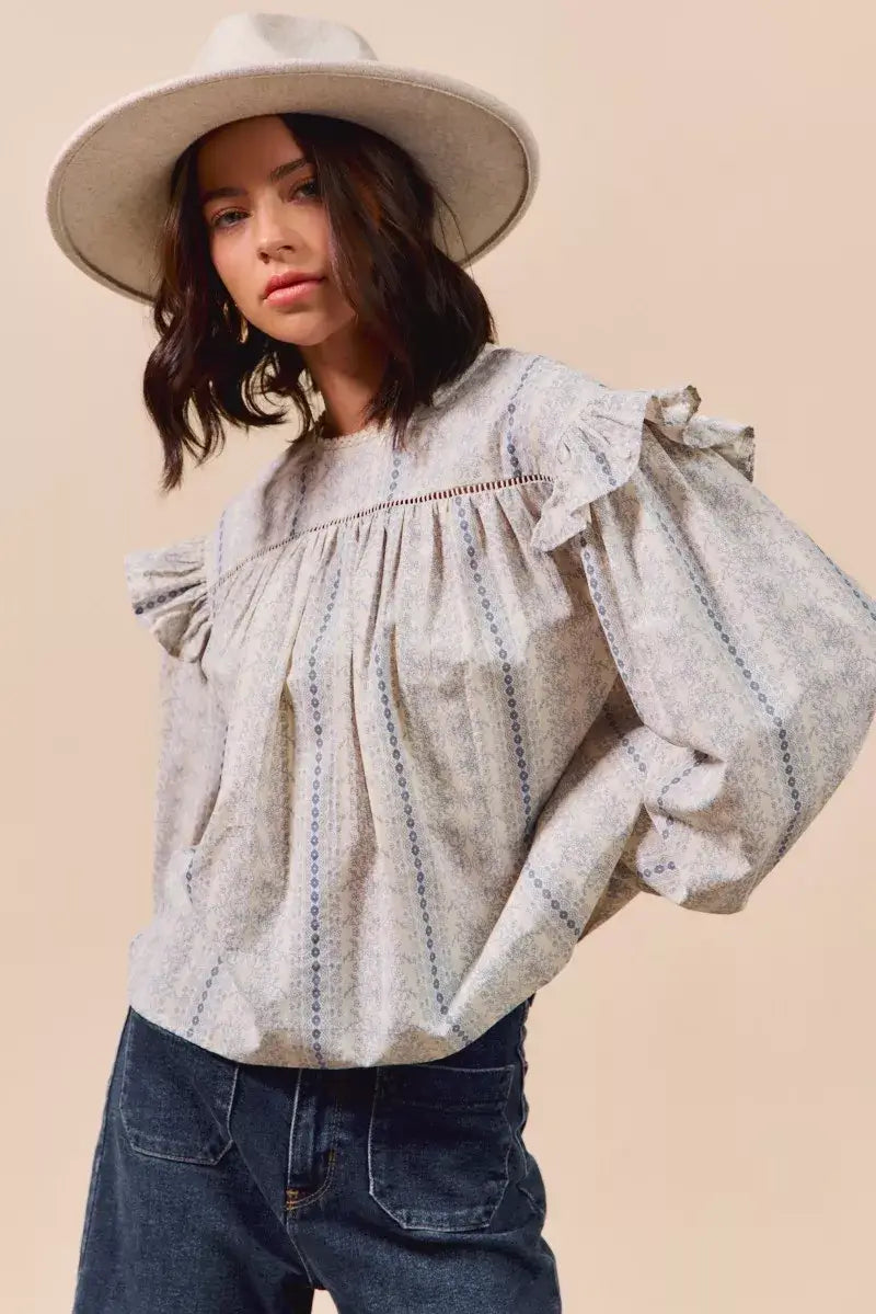 Beige Blue Floral Cotton Print Ruffled Long Sleeve Blouse, Blouses, $ 50.00, A Moment Of Now™