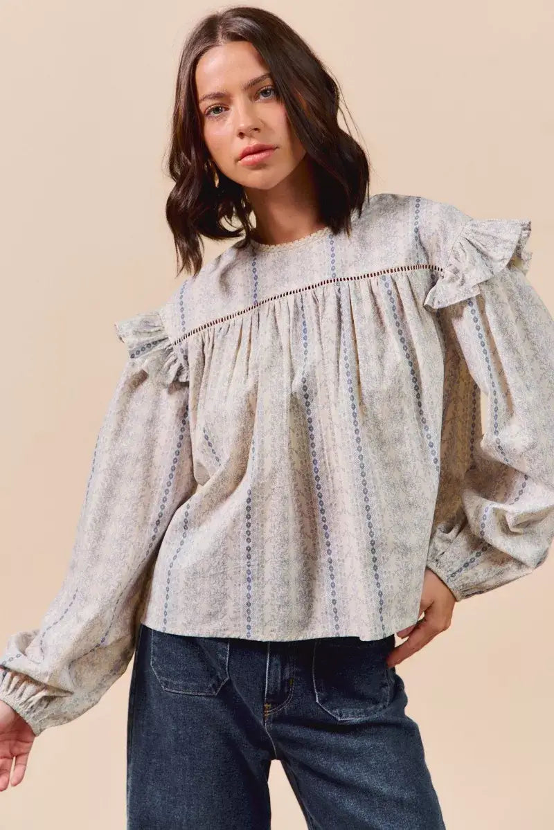 Beige Blue Floral Cotton Print Ruffled Long Sleeve Blouse, Blouses, $ 50.00, A Moment Of Now™