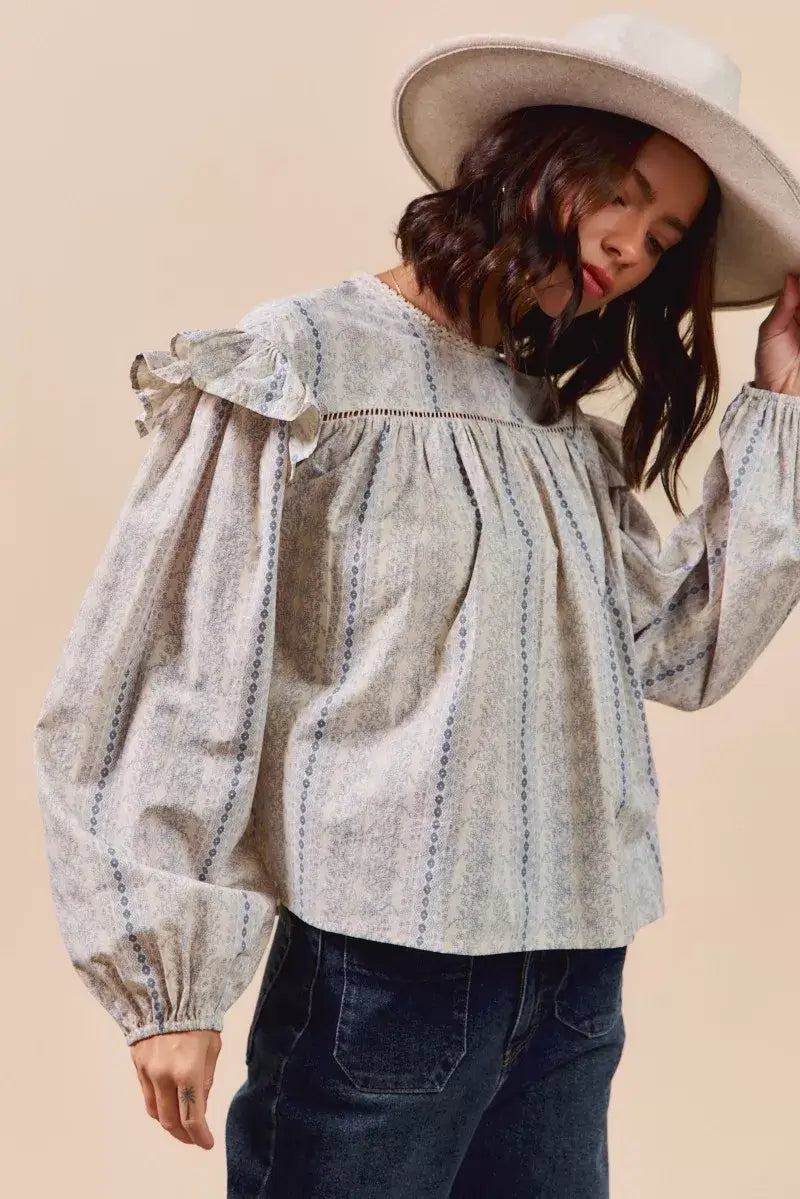 Beige Blue Floral Cotton Print Ruffled Long Sleeve Blouse, Blouses, $ 50.00, A Moment Of Now™
