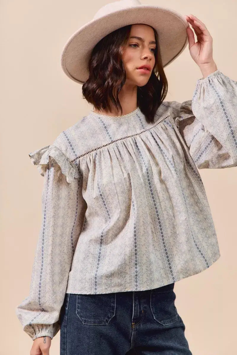 Beige Blue Floral Cotton Print Ruffled Long Sleeve Blouse, Blouses, $ 50.00, A Moment Of Now™