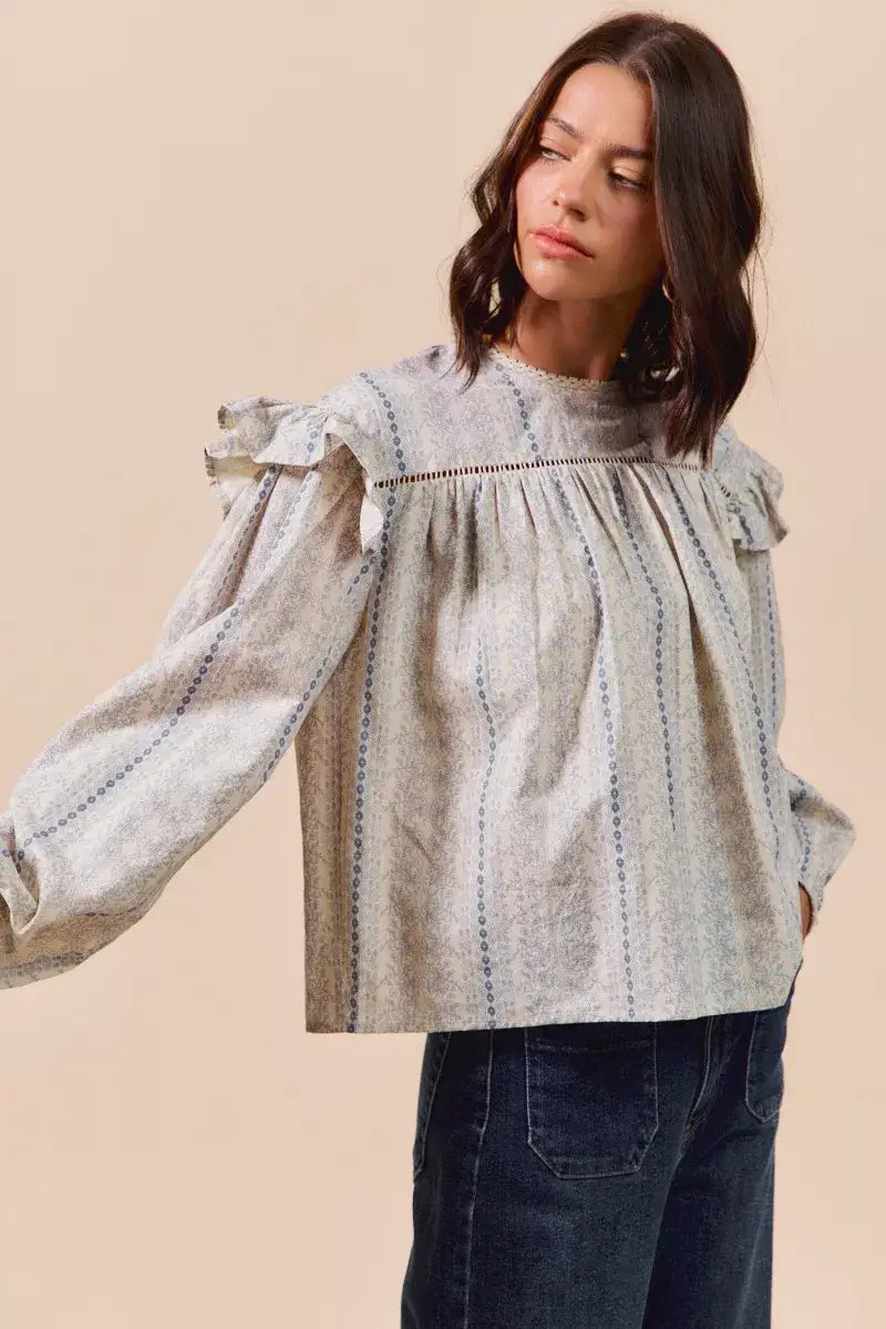 Beige Blue Floral Cotton Print Ruffled Long Sleeve Blouse, Blouses, $ 50.00, A Moment Of Now™