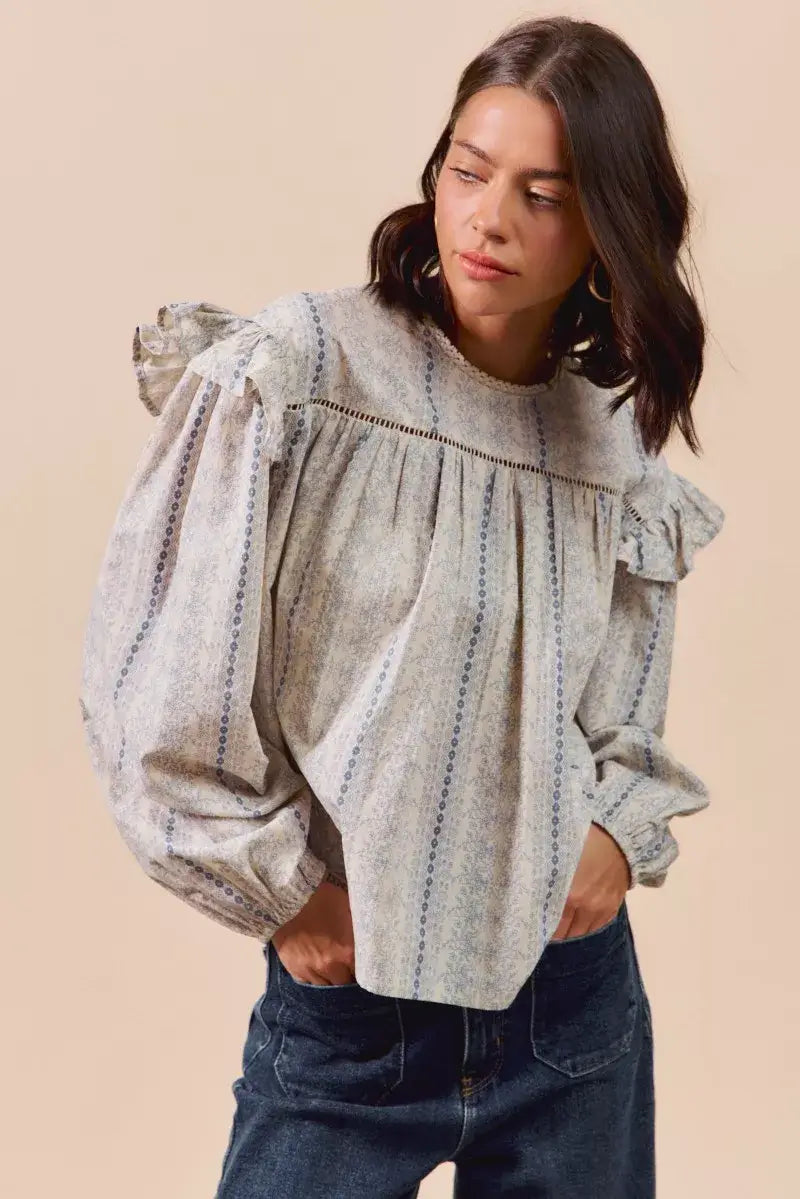 Beige Blue Floral Cotton Print Ruffled Long Sleeve Blouse, Blouses, $ 50.00, A Moment Of Now™