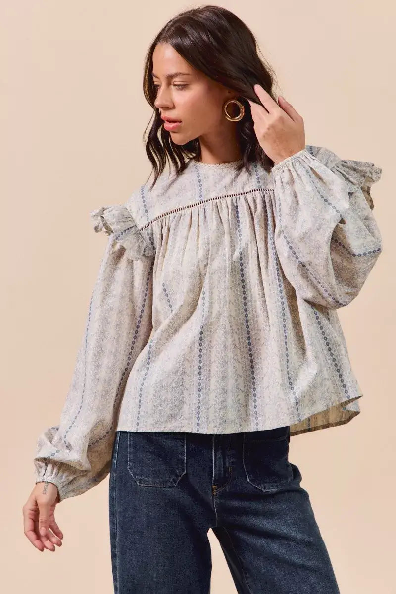 Beige Blue Floral Cotton Print Ruffled Long Sleeve Blouse, Blouses, $ 50.00, A Moment Of Now™