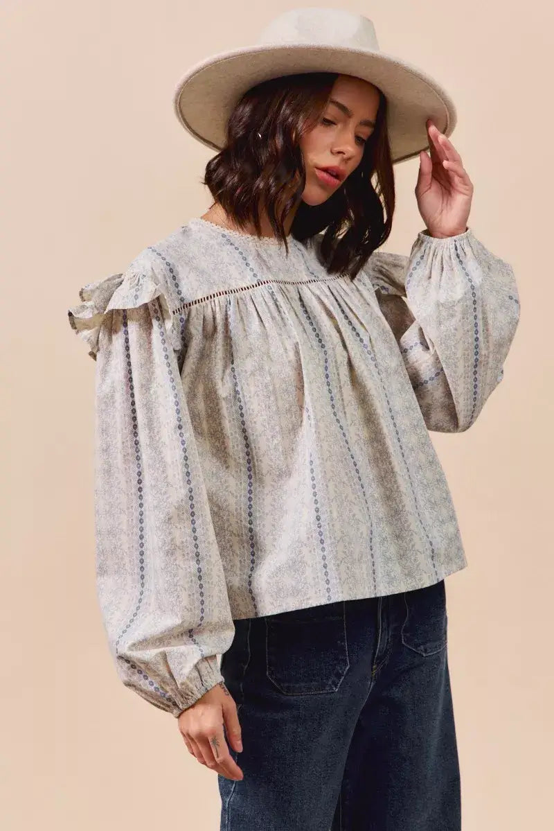 Beige Blue Floral Cotton Print Ruffled Long Sleeve Blouse, Blouses, $ 50.00, A Moment Of Now™