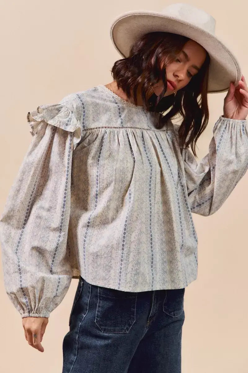 Beige Blue Floral Cotton Print Ruffled Long Sleeve Blouse, Blouses, $ 50.00, A Moment Of Now™
