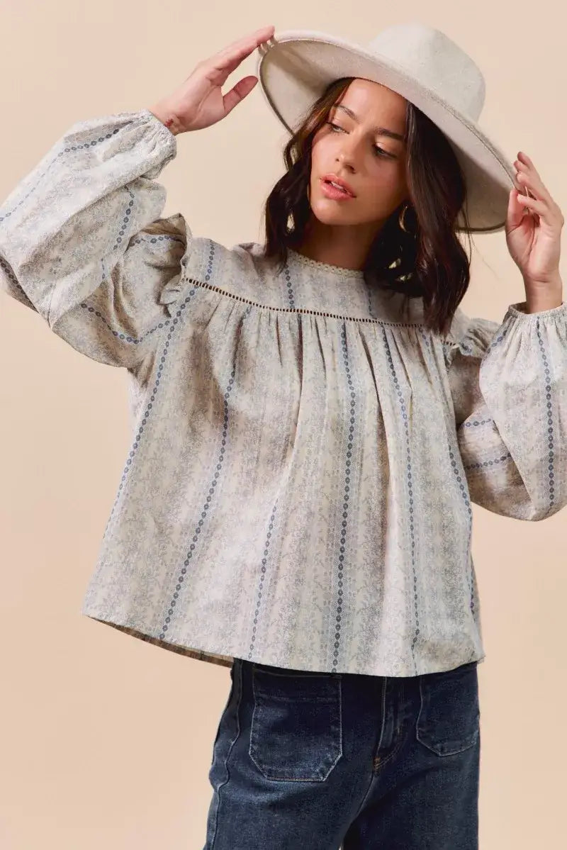 Beige Blue Floral Cotton Print Ruffled Long Sleeve Blouse, Blouses, $ 50.00, A Moment Of Now™