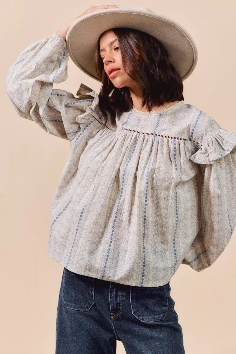 Beige Blue Floral Cotton Print Ruffled Long Sleeve Blouse, Blouses, $ 50.00, A Moment Of Now™